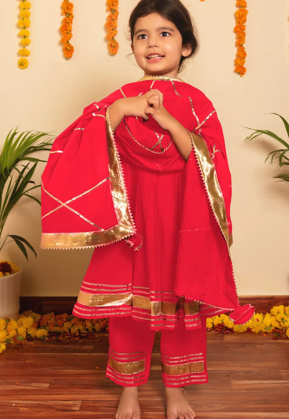 Embroidered Cotton A Line Suit in Red