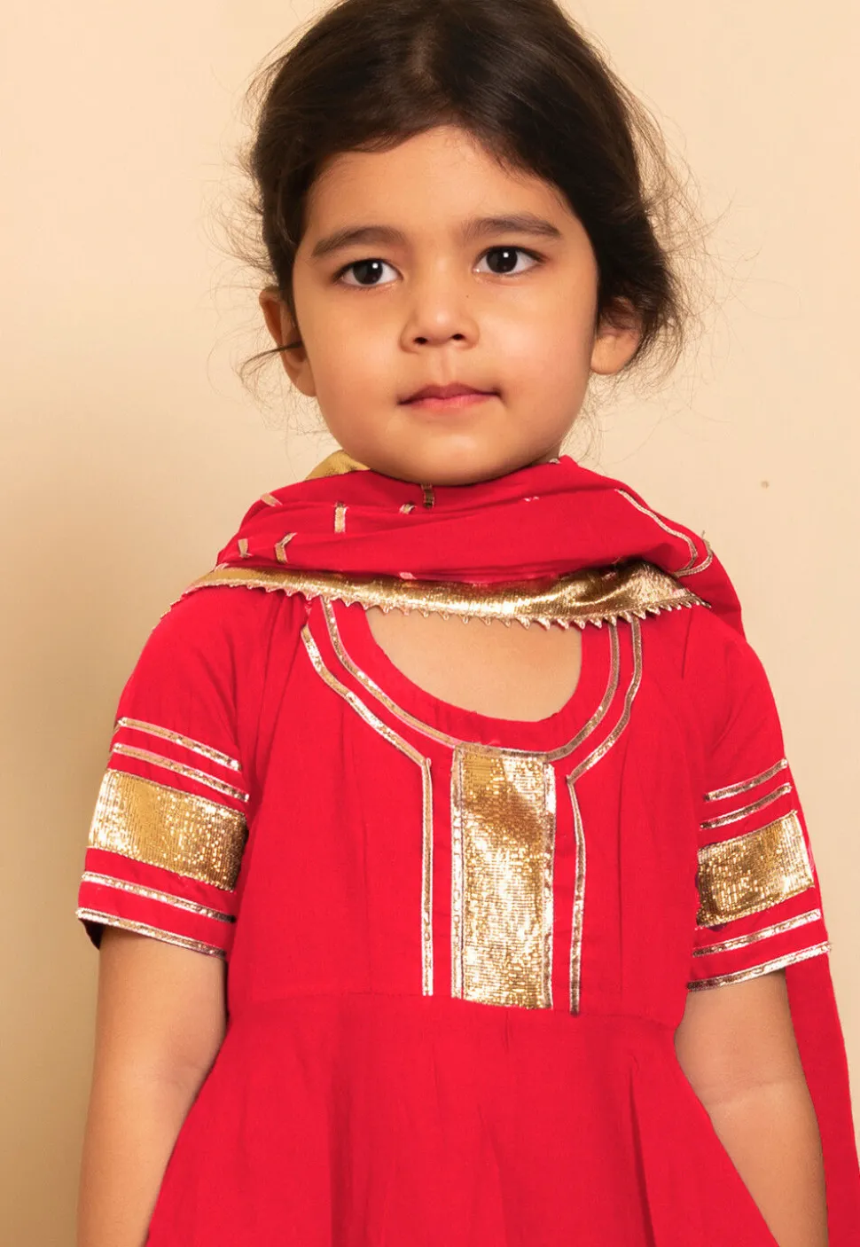 Embroidered Cotton A Line Suit in Red