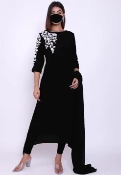 Embroidered Cotton A Line Suit in Black