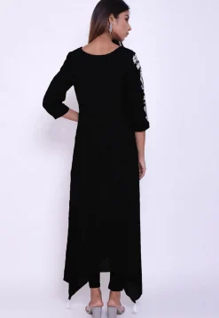 Embroidered Cotton A Line Suit in Black