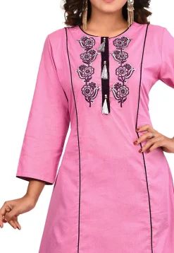 Embroidered Cotton A Line Kurta Set in Pink
