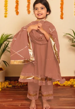Embroidered Cotton A Line Suit in Peach