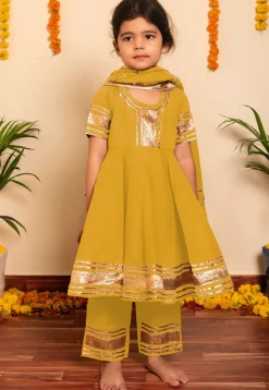 Embroidered Cotton A Line Suit in Mustard