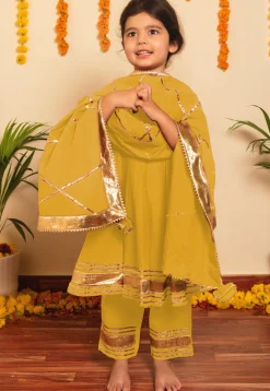 Embroidered Cotton A Line Suit in Mustard