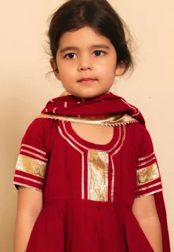 Embroidered Cotton A Line Suit in Maroon