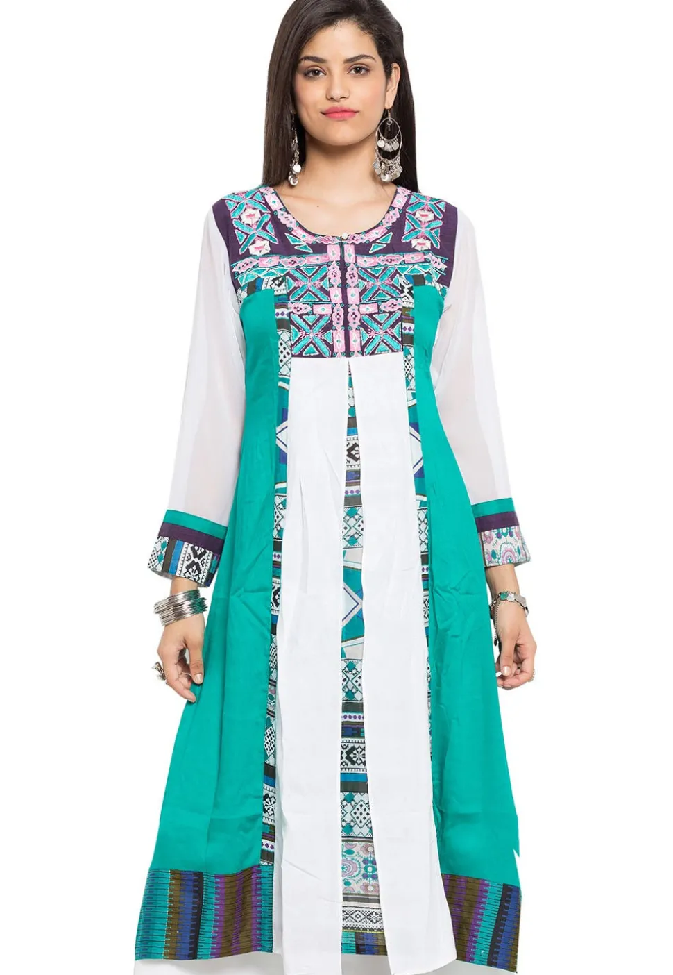 Embroidered Cotton A Line Kurta in Teal Green