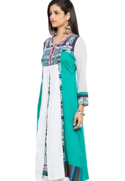 Embroidered Cotton A Line Kurta in Teal Green