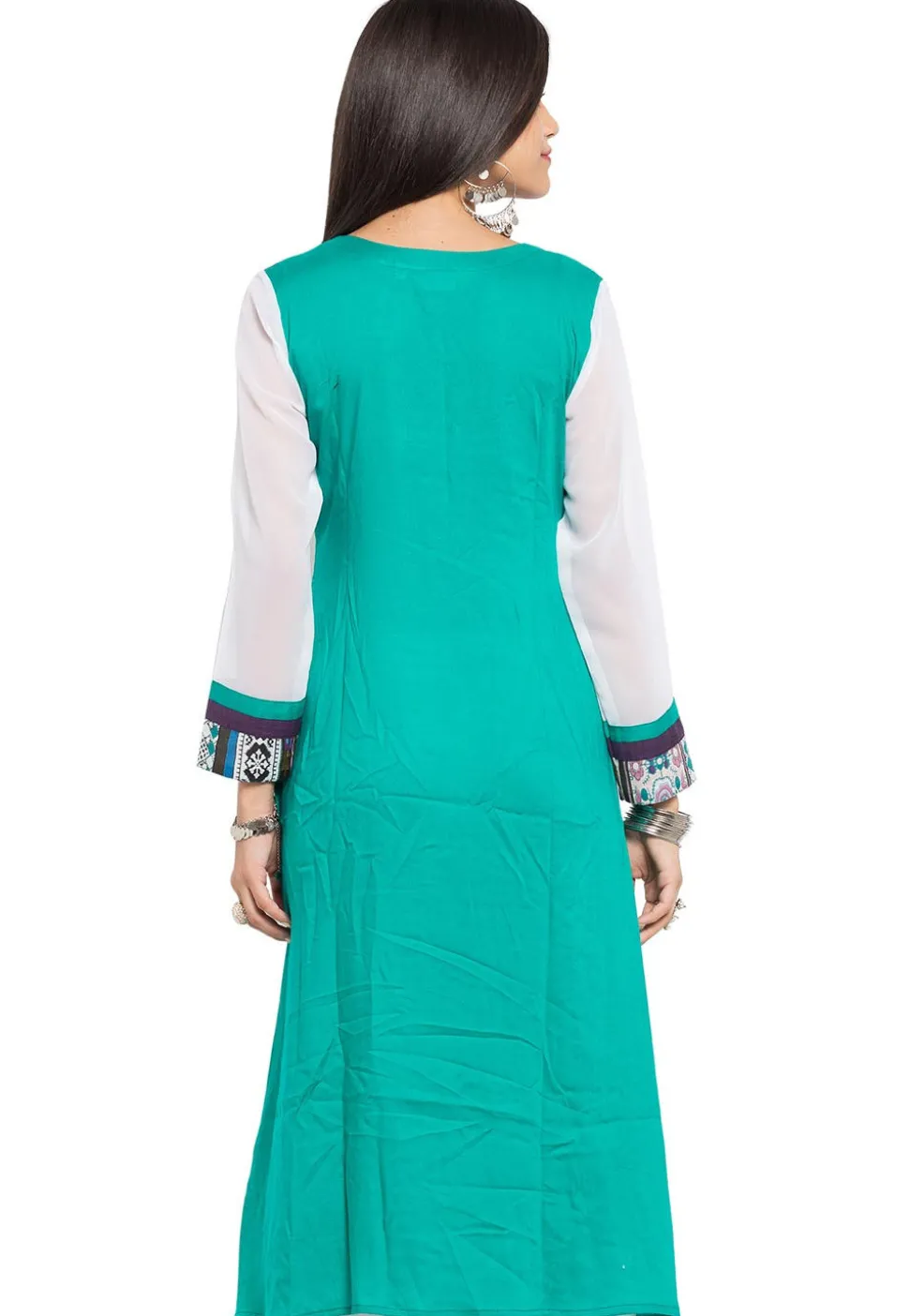 Embroidered Cotton A Line Kurta in Teal Green