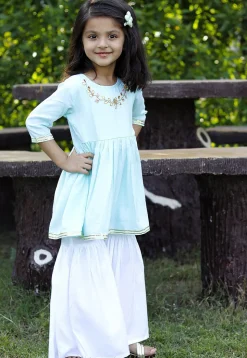 Embroidered Cotton A Line Kurta Set in Light Blue