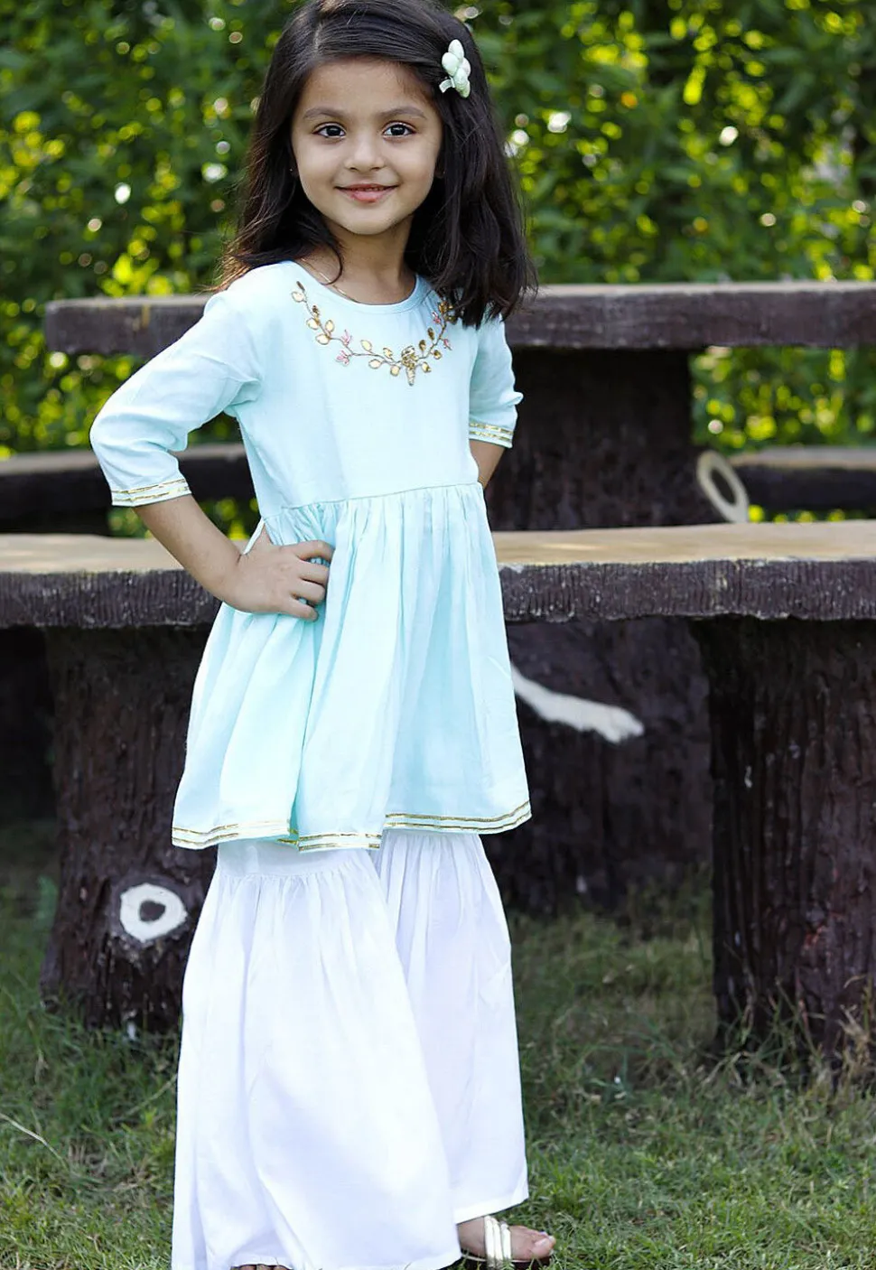 Embroidered Cotton A Line Kurta Set in Light Blue