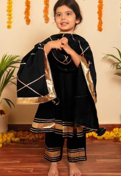 Embroidered Cotton A Line Suit in Black