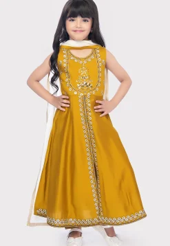 Embroidered Cotton Abaya Style Suit in Mustard
