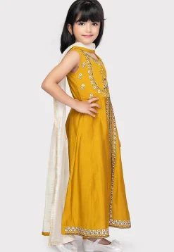 Embroidered Cotton Abaya Style Suit in Mustard