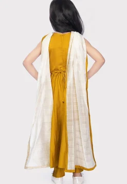 Embroidered Cotton Abaya Style Suit in Mustard