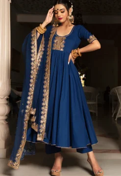 Embroidered Cotton Anarkali Suit in Navy Blue