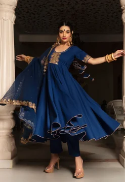 Embroidered Cotton Anarkali Suit in Navy Blue