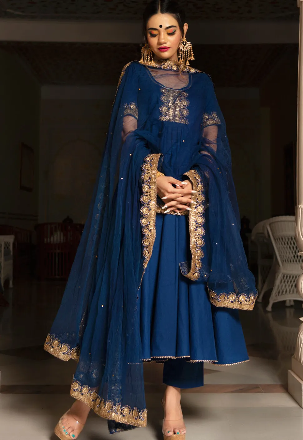 Embroidered Cotton Anarkali Suit in Navy Blue
