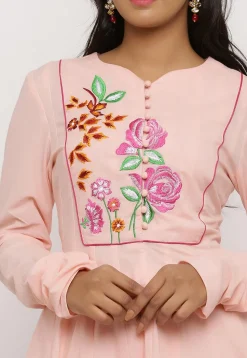 Embroidered Cotton Anarkali Kurta in Light Pink