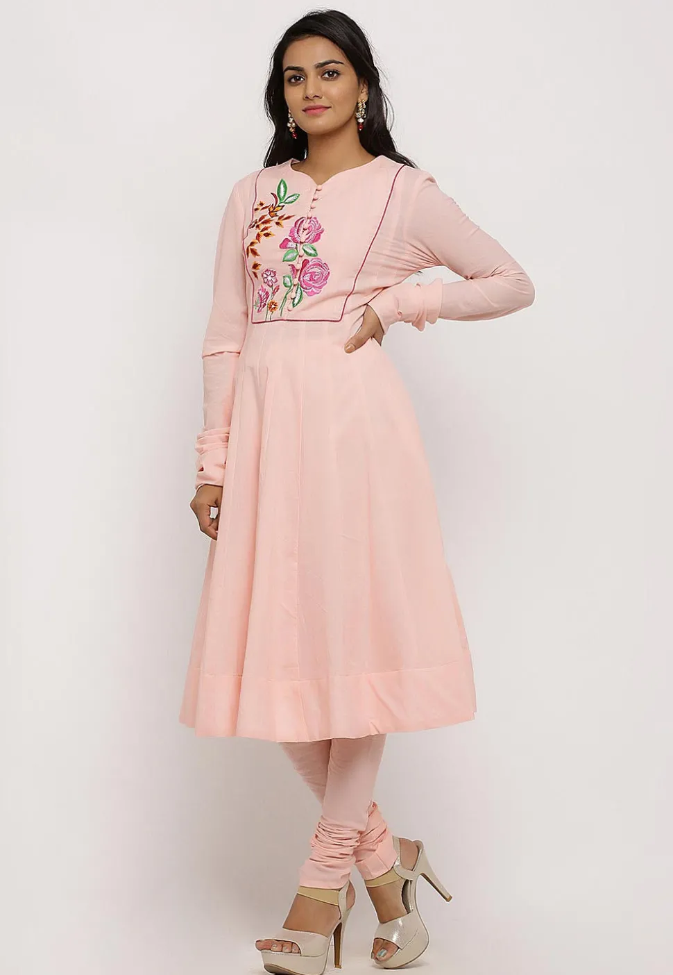 Embroidered Cotton Anarkali Kurta in Light Pink