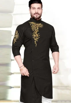 Embroidered Cotton Asymmetric Kurta Black