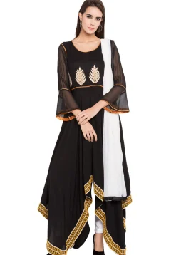 Embroidered Cotton Asymmetic Suit in Black