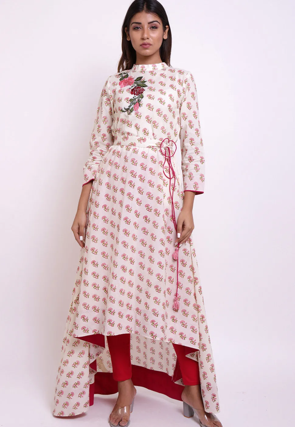 Embroidered Cotton Asymmetric Kurta in Off White