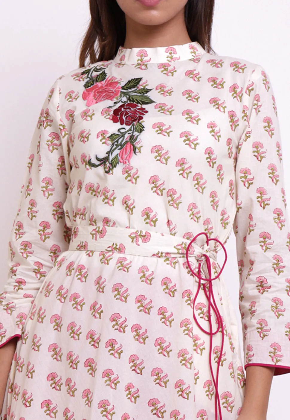 Embroidered Cotton Asymmetric Kurta in Off White