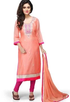 Embroidered Cotton Chanderi Straight Cut Suit in Peach