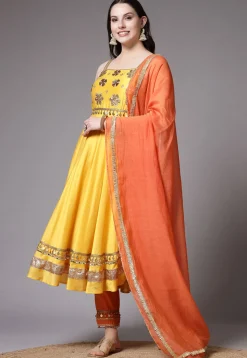 Embroidered Cotton Chanderi Aline Suit in Yellow