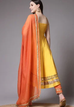 Embroidered Cotton Chanderi Aline Suit in Yellow