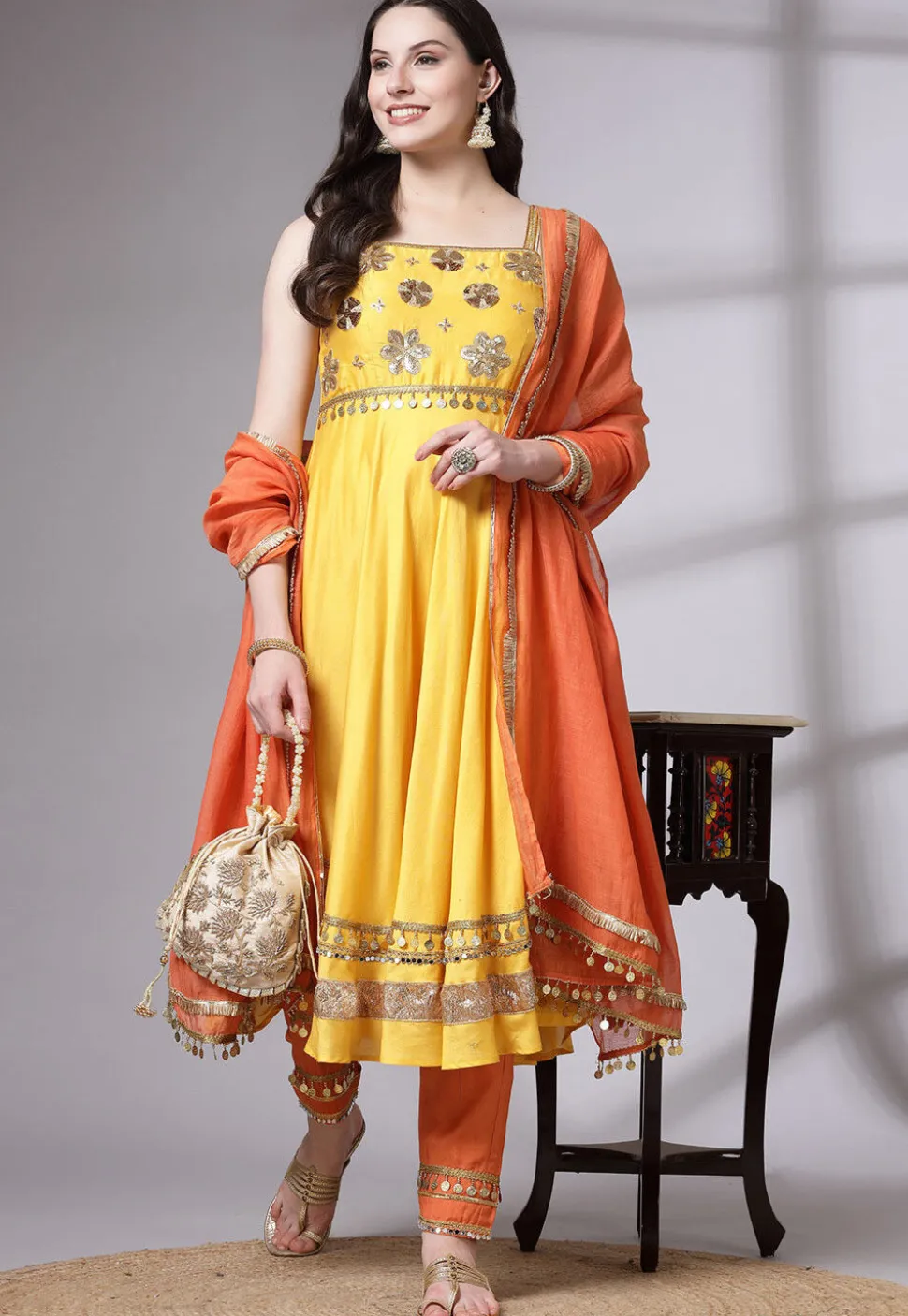 Embroidered Cotton Chanderi Aline Suit in Yellow