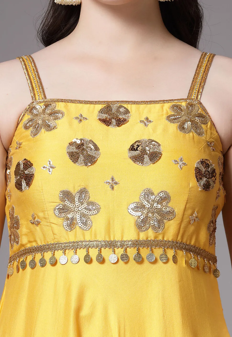 Embroidered Cotton Chanderi Aline Suit in Yellow
