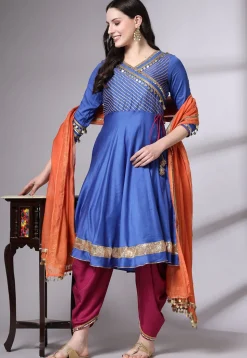 Embroidered Cotton Chanderi Punjabi Suit in Blue