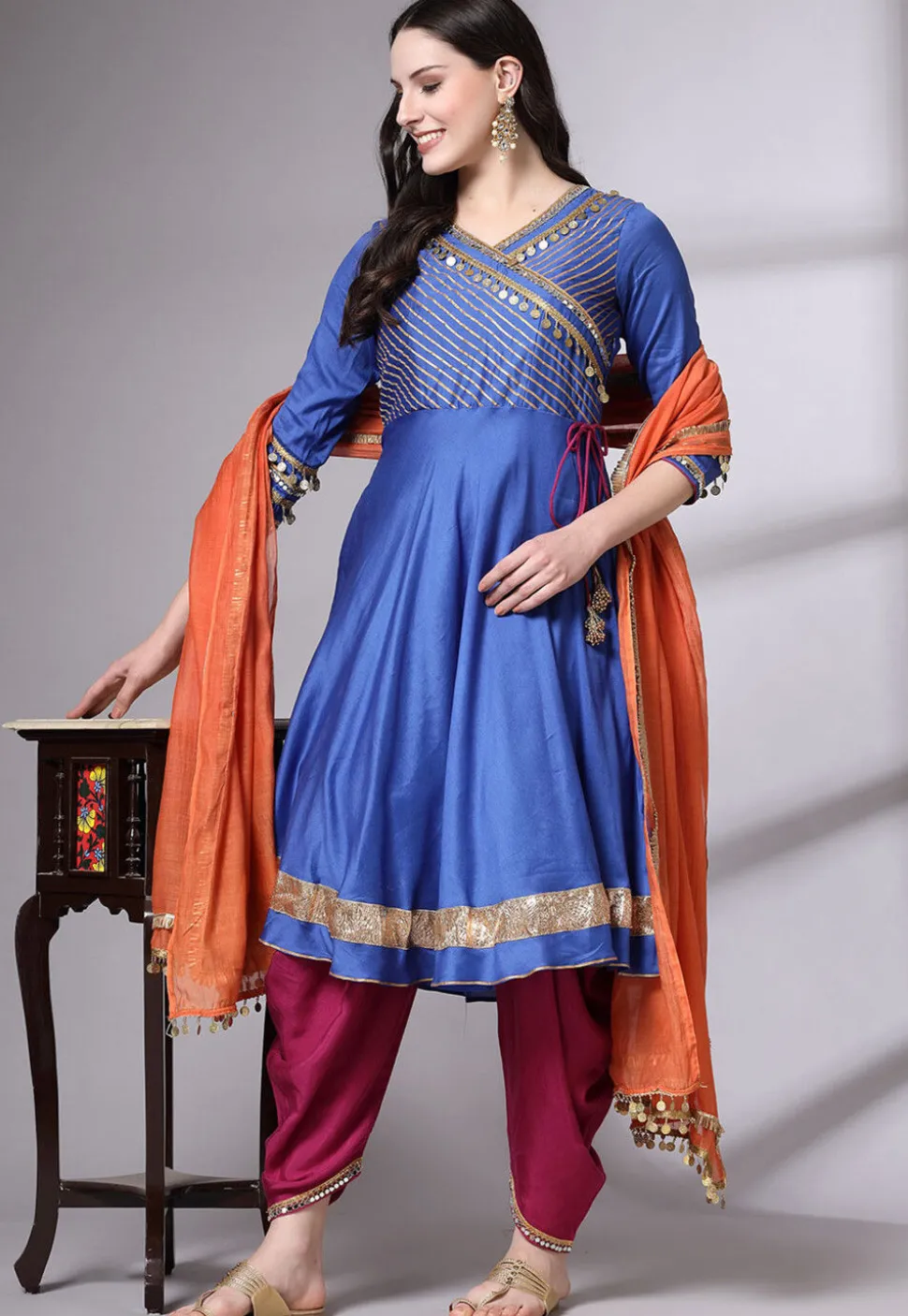 Embroidered Cotton Chanderi Punjabi Suit in Blue