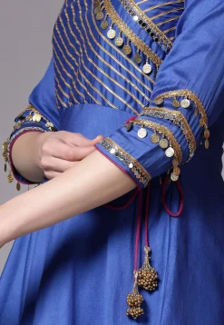 Embroidered Cotton Chanderi Punjabi Suit in Blue