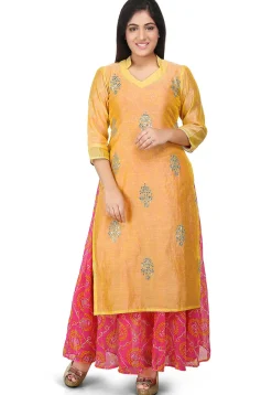 Embroidered Cotton Chanderi Abaya Suit in Yellow and Fuchsia