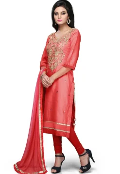 Embroidered Cotton Chanderi Straight Suit in Coral