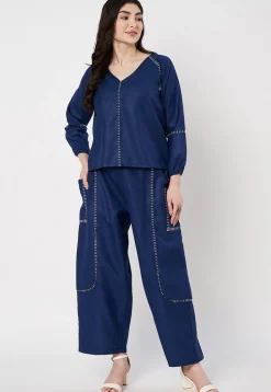 Embroidered Cotton Co Ord Set in Navy Blue