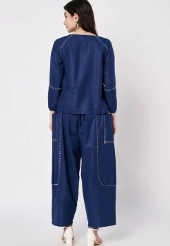 Embroidered Cotton Co Ord Set in Navy Blue