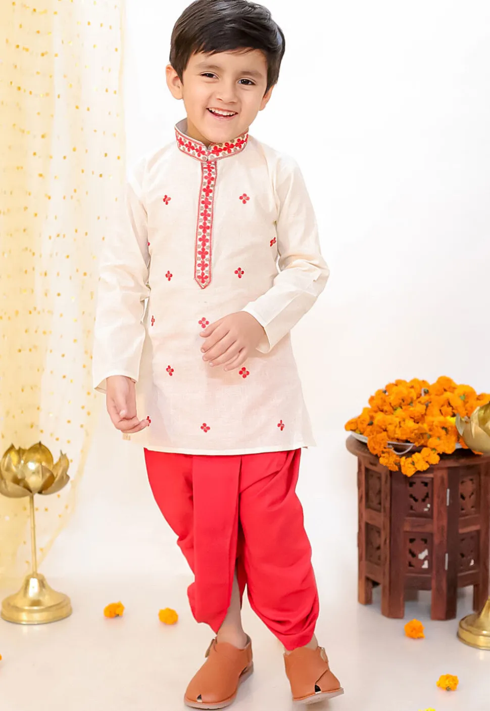 Embroidered Cotton Dhoti Kurta in Off White