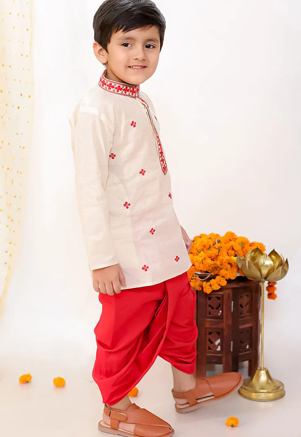Embroidered Cotton Dhoti Kurta in Off White