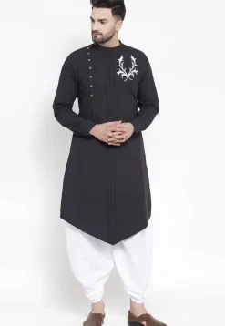 Embroidered Cotton Dhoti Kurta in Black