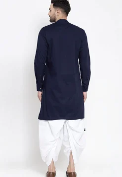 Embroidered Cotton Dhoti Kurta in Navy Blue