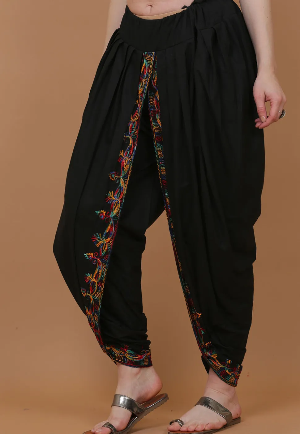 Embroidered Cotton Dhoti Pant in Black
