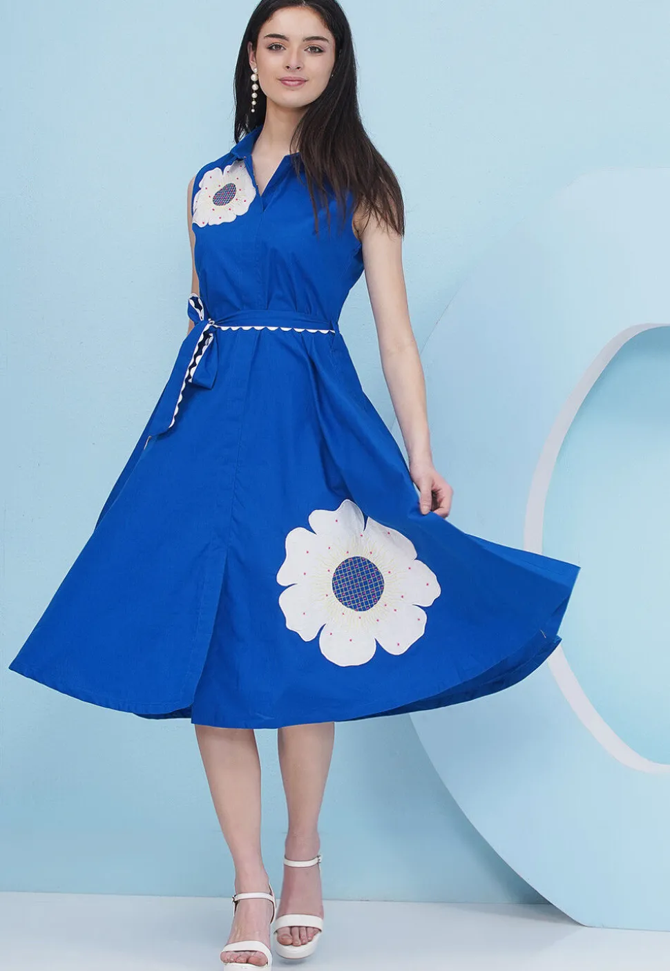 Embroidered Cotton Fit N Flare Dress in Blue