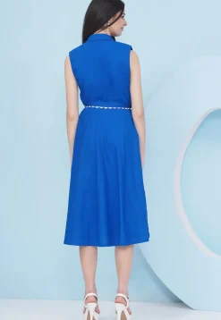 Embroidered Cotton Fit N Flare Dress in Blue