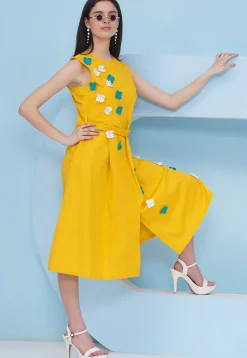 Embroidered Cotton Fit N Flare Dress in Mustard