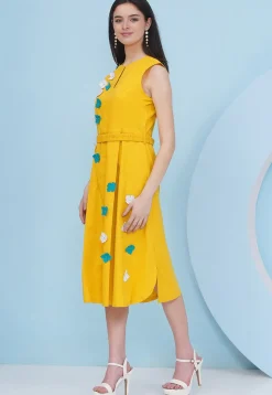 Embroidered Cotton Fit N Flare Dress in Mustard