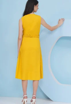 Embroidered Cotton Fit N Flare Dress in Mustard