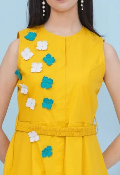 Embroidered Cotton Fit N Flare Dress in Mustard